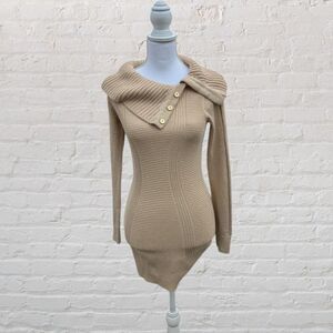 Style & Co Ribbed Button Cowl Neck Tunic Sweater Metallic Gold SZ MP